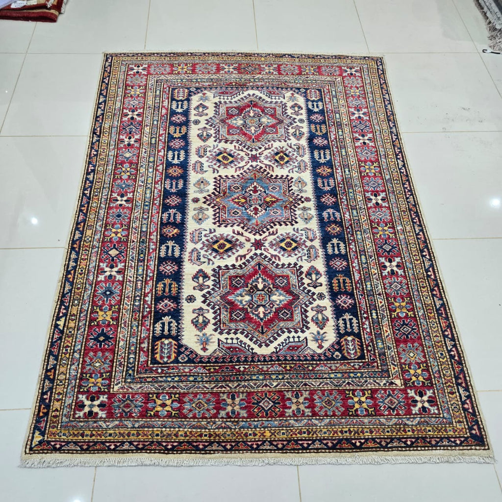 5x7 Beige Super Kazak Geometric Area Rug | Handmade Wool & Cotton Rug