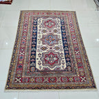 5x7 Beige Super Kazak Geometric Area Rug | Handmade Wool & Cotton Rug