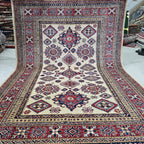 5x7 Beige Super Kazak Geometric Area Rug | Handmade Wool & Cotton Rug