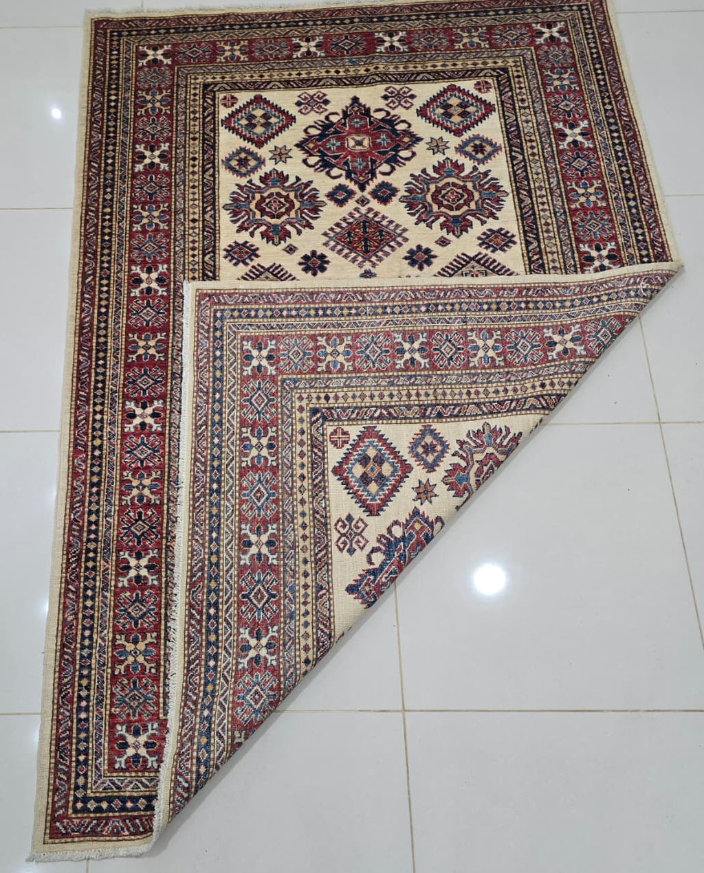5x7 Beige Super Kazak Geometric Area Rug | Handmade Wool & Cotton Rug