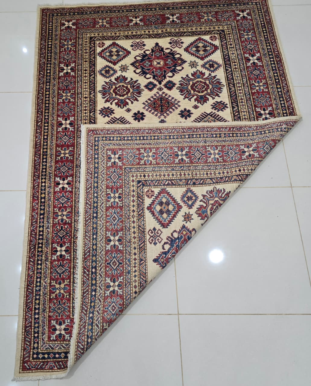 5x7 Beige Super Kazak Geometric Area Rug | Handmade Wool & Cotton Rug