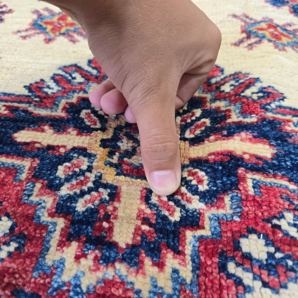 5x7 Beige Super Kazak Geometric Area Rug | Handmade Wool & Cotton Rug