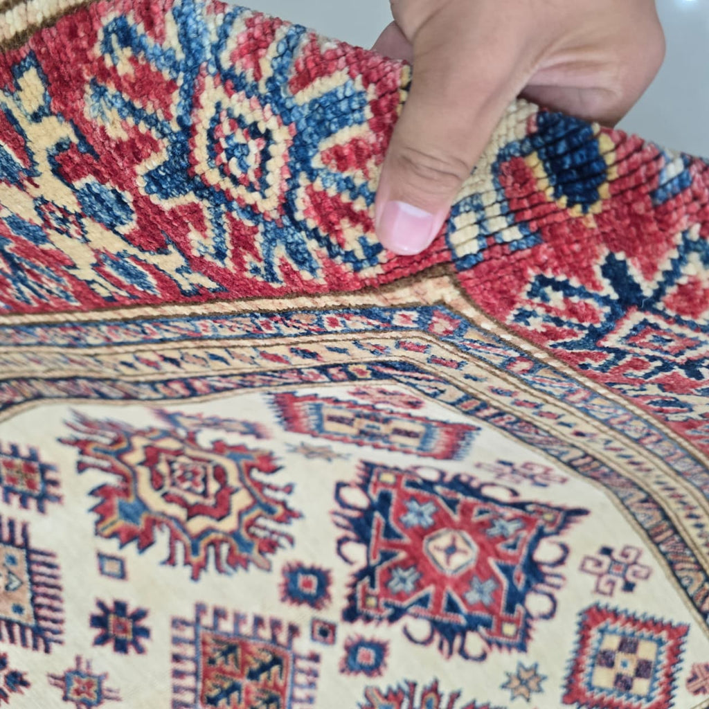 5x7 Beige Super Kazak Geometric Area Rug | Handmade Wool & Cotton Rug