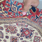5x7 Beige Super Kazak Geometric Area Rug | Handmade Wool & Cotton Rug