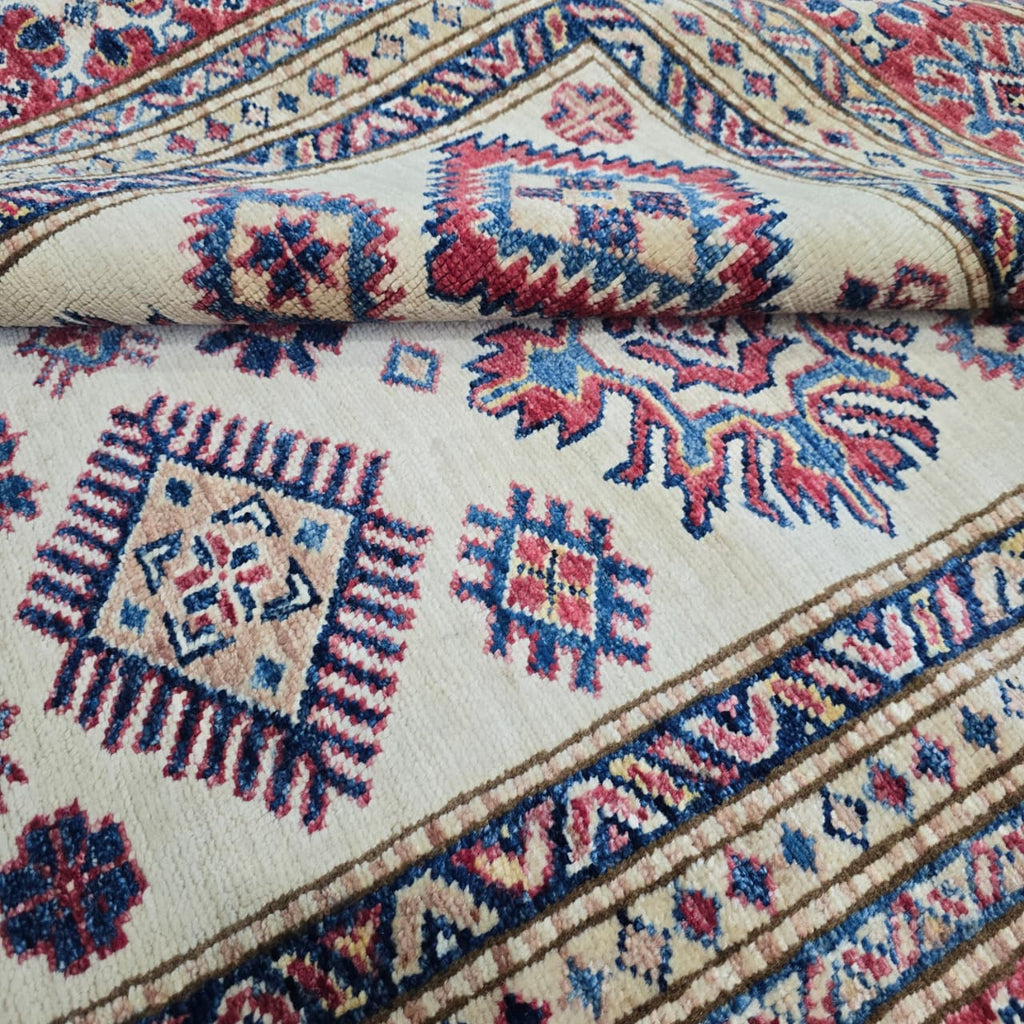 5x7 Beige Super Kazak Geometric Area Rug | Handmade Wool & Cotton Rug