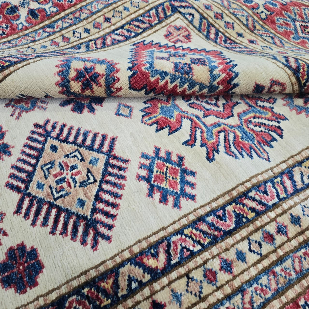 5x7 Beige Super Kazak Geometric Area Rug | Handmade Wool & Cotton Rug