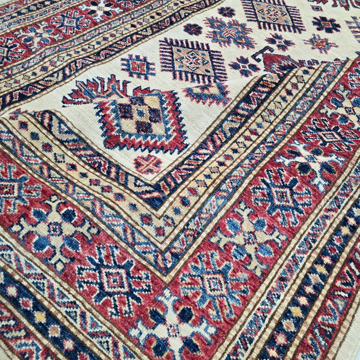 5x7 Beige Super Kazak Geometric Area Rug | Handmade Wool & Cotton Rug