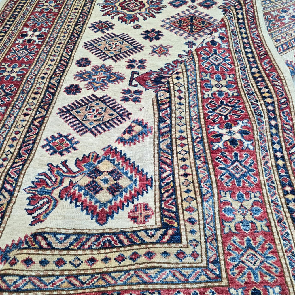 5x7 Beige Super Kazak Geometric Area Rug | Handmade Wool & Cotton Rug