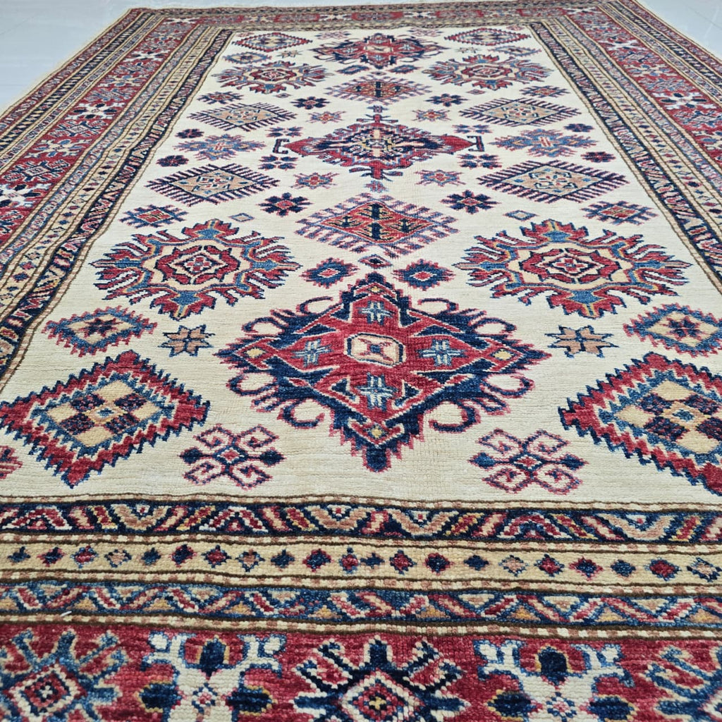 5x7 Beige Super Kazak Geometric Area Rug | Handmade Wool & Cotton Rug