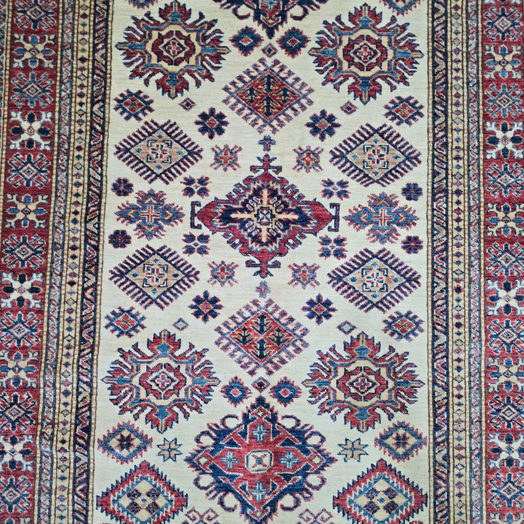 5x7 Beige Super Kazak Geometric Area Rug | Handmade Wool & Cotton Rug