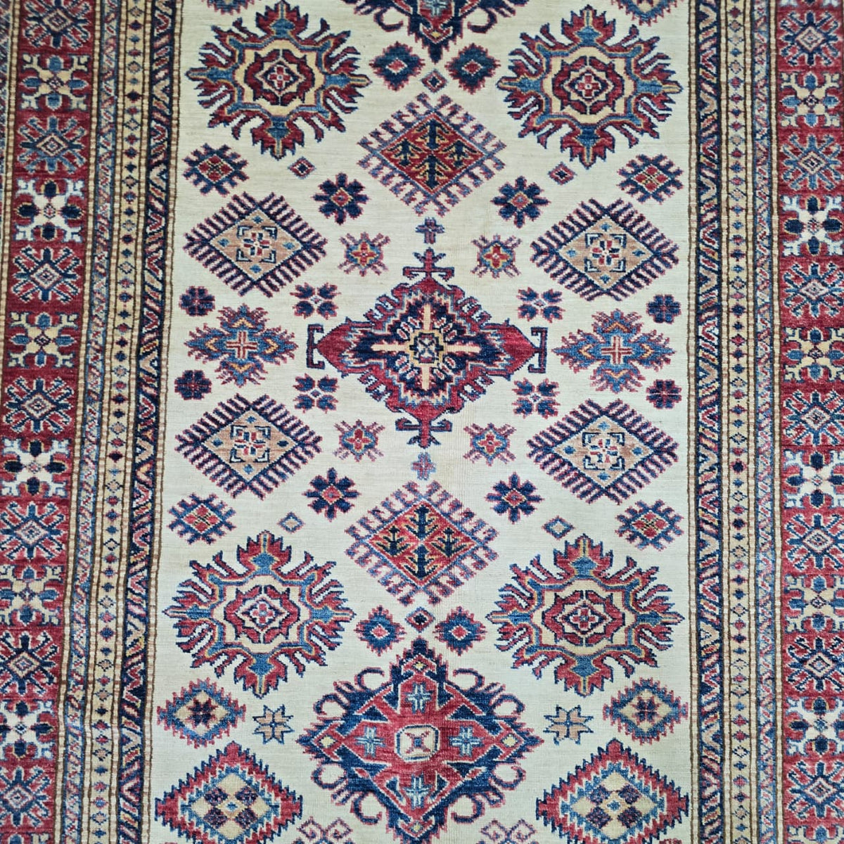 5x7 Beige Super Kazak Geometric Area Rug | Handmade Wool & Cotton Rug