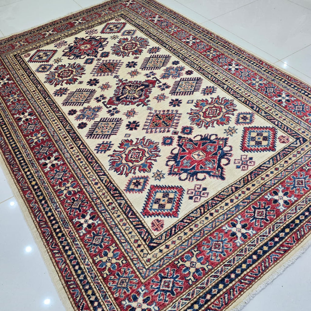 5x7 Beige Super Kazak Geometric Area Rug | Handmade Wool & Cotton Rug