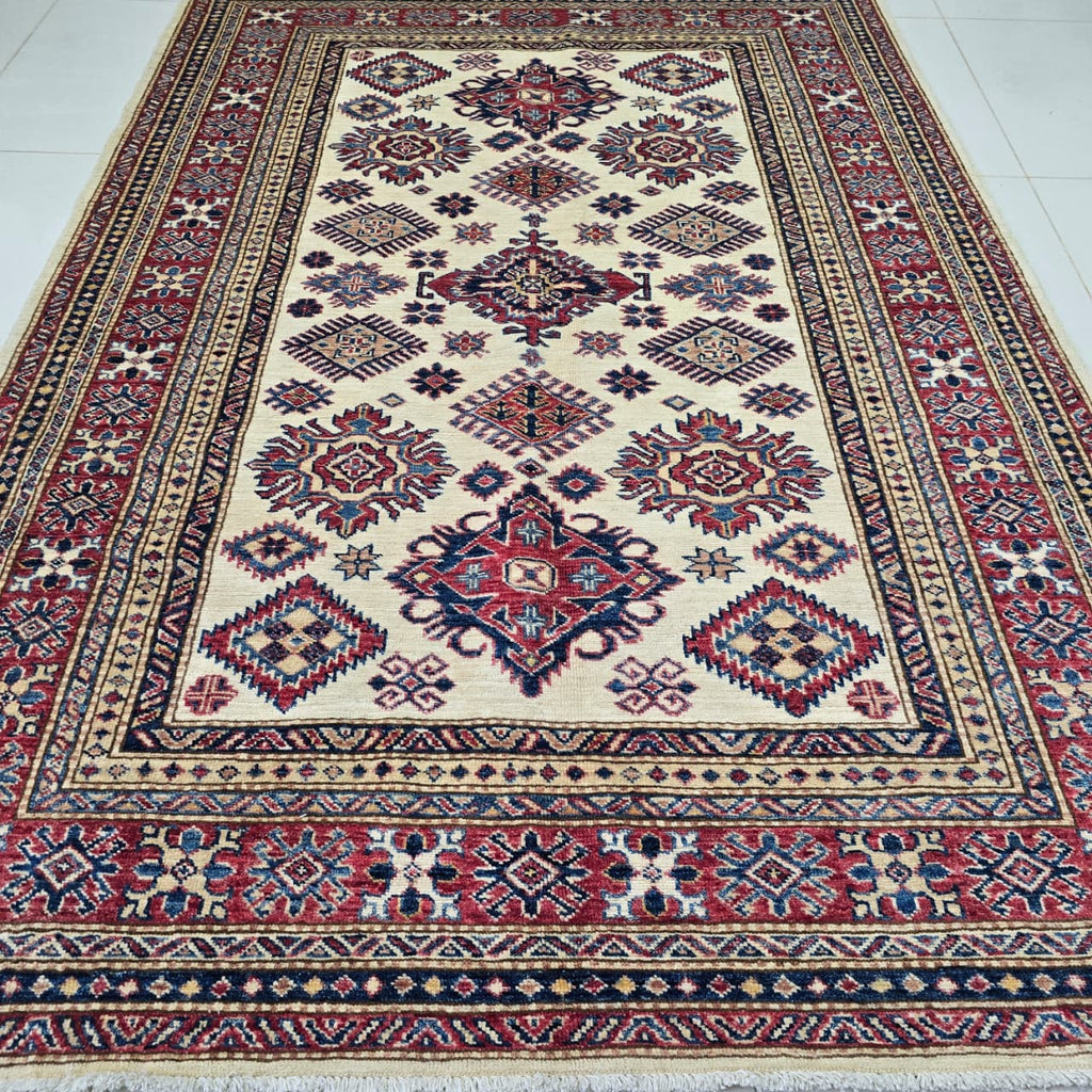 5x7 Beige Super Kazak Geometric Area Rug | Handmade Wool & Cotton Rug