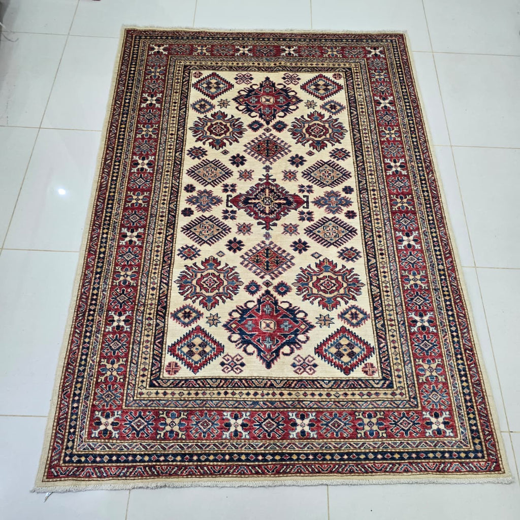 5x7 Beige Super Kazak Geometric Area Rug | Handmade Wool & Cotton Rug