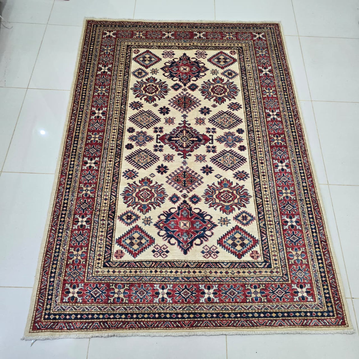 5x7 Beige Super Kazak Geometric Area Rug | Handmade Wool & Cotton Rug