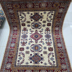 5x6.5 Beige Super Kazak Geometric Area Rug | Handmade Wool & Cotton Rug