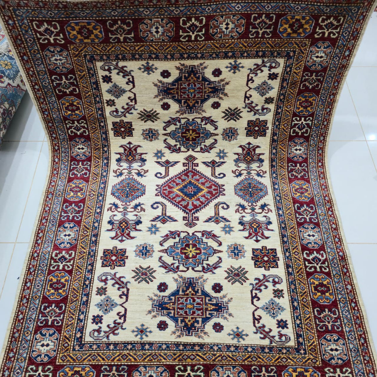 5x6.5 Beige Super Kazak Geometric Area Rug | Handmade Wool & Cotton Rug
