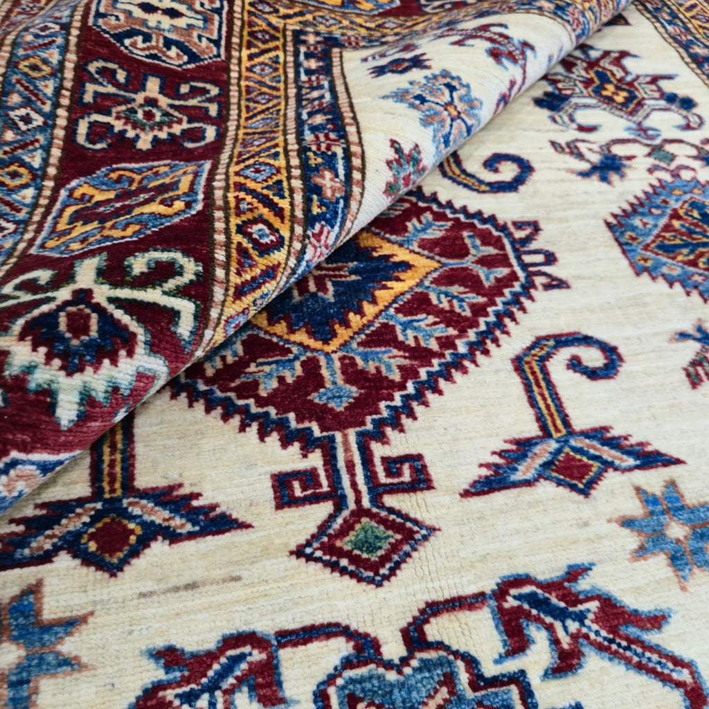 5x6.5 Beige Super Kazak Geometric Area Rug | Handmade Wool & Cotton Rug