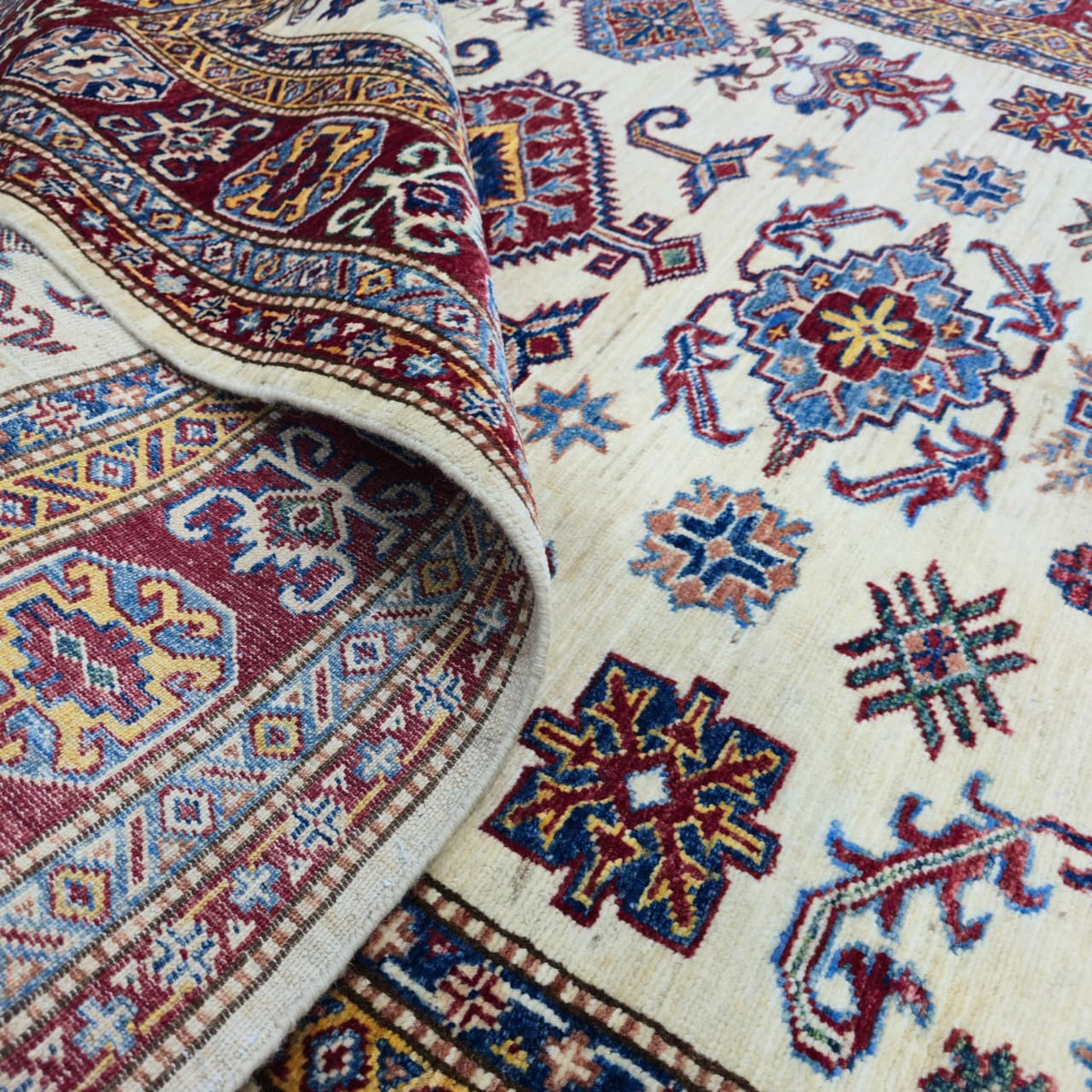 5x6.5 Beige Super Kazak Geometric Area Rug | Handmade Wool & Cotton Rug