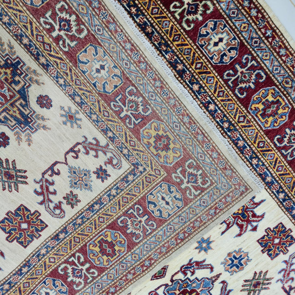 5x6.5 Beige Super Kazak Geometric Area Rug | Handmade Wool & Cotton Rug