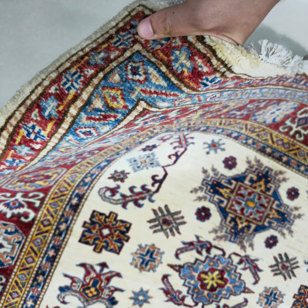 5x6.5 Beige Super Kazak Geometric Area Rug | Handmade Wool & Cotton Rug