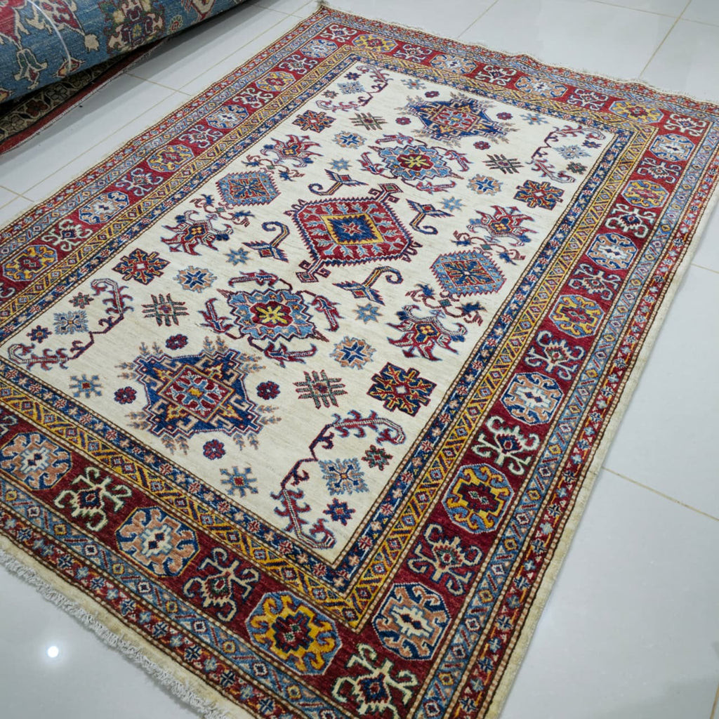 5x6.5 Beige Super Kazak Geometric Area Rug | Handmade Wool & Cotton Rug