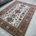 5x6.5 Beige Super Kazak Geometric Area Rug | Handmade Wool & Cotton Rug