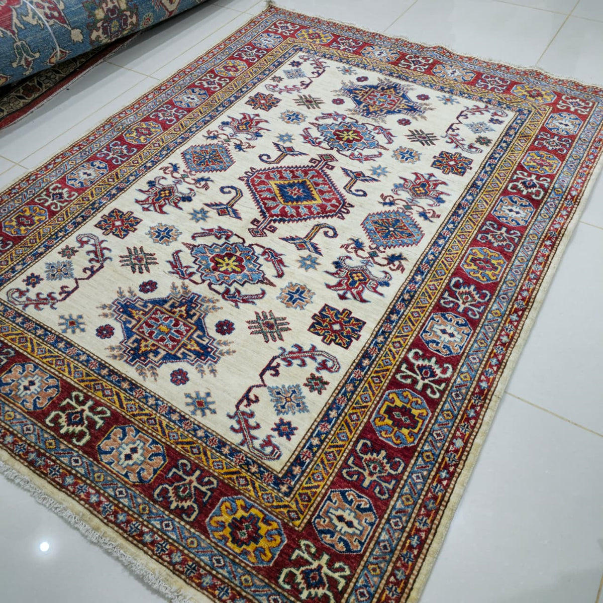 5x6.5 Beige Super Kazak Geometric Area Rug | Handmade Wool & Cotton Rug