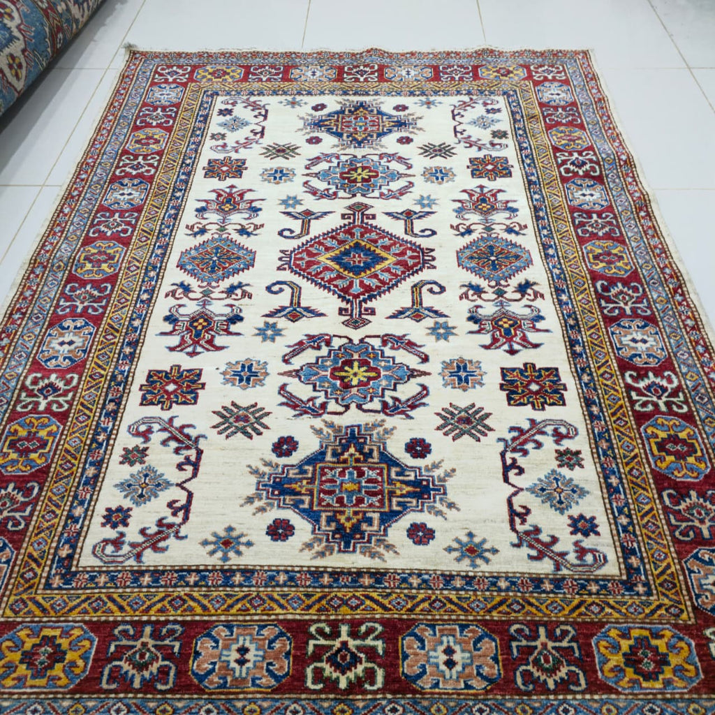 5x6.5 Beige Super Kazak Geometric Area Rug | Handmade Wool & Cotton Rug
