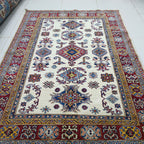 5x6.5 Beige Super Kazak Geometric Area Rug | Handmade Wool & Cotton Rug