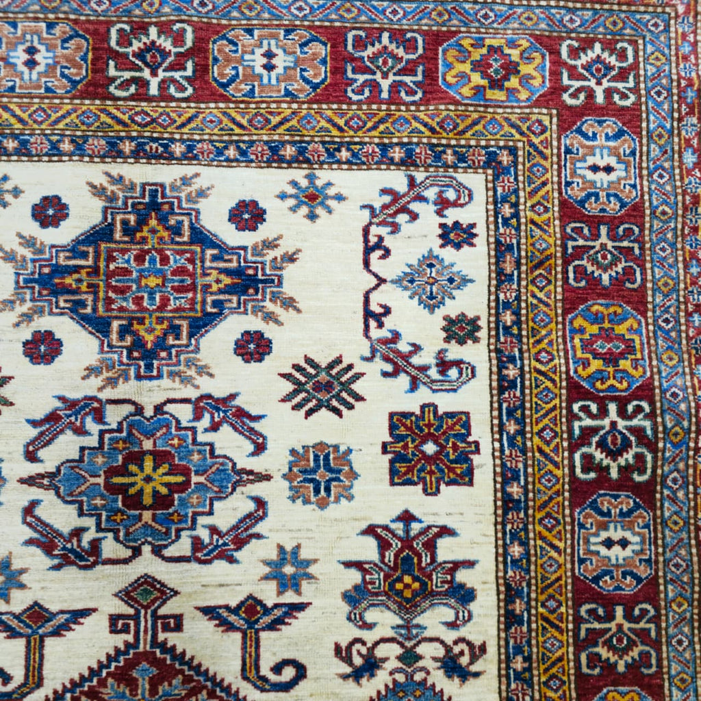 5x6.5 Beige Super Kazak Geometric Area Rug | Handmade Wool & Cotton Rug