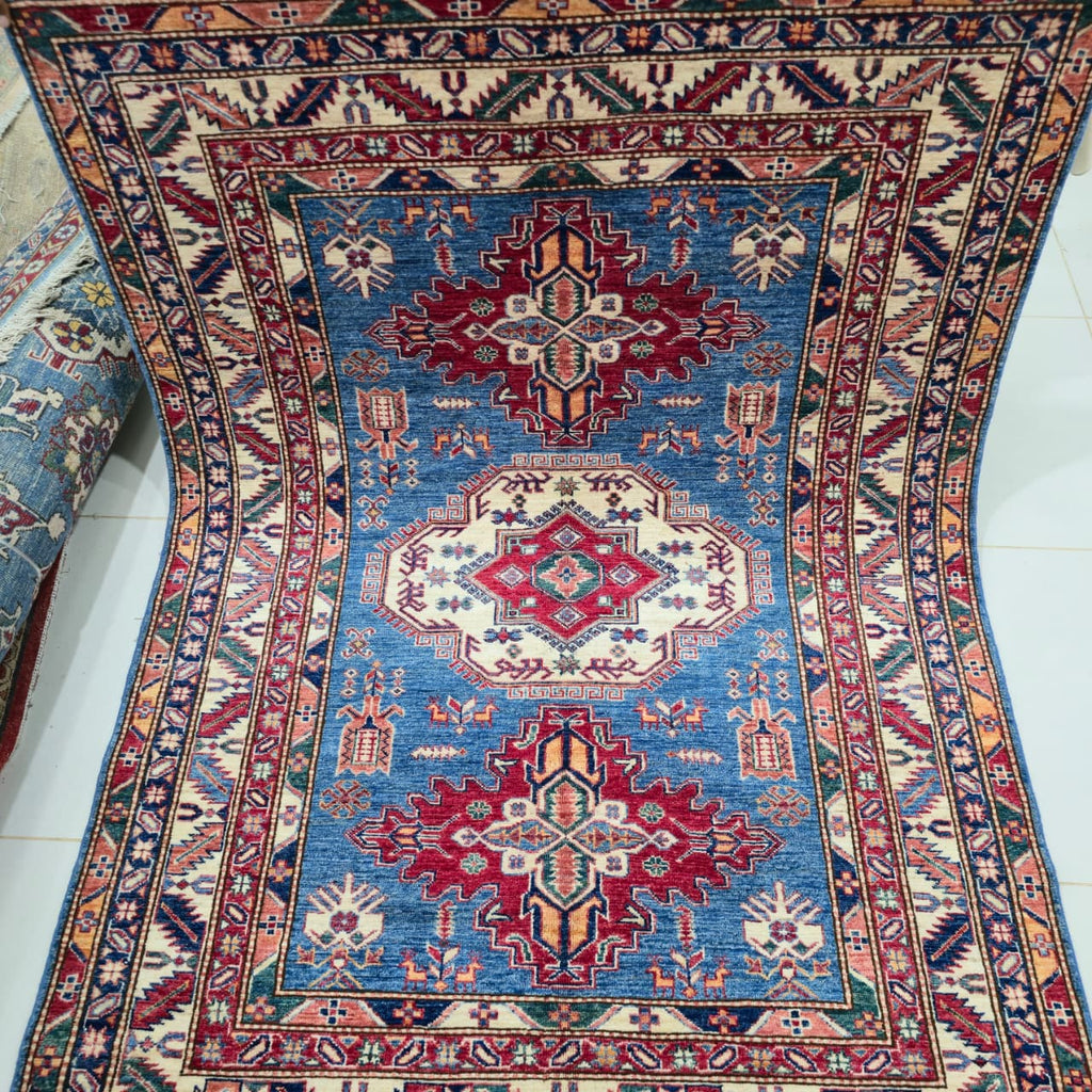 5x6.5 Blue Super Kazak Geometric Area Rug | Handmade Wool & Cotton Rug