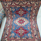 5x6.5 Blue Super Kazak Geometric Area Rug | Handmade Wool & Cotton Rug