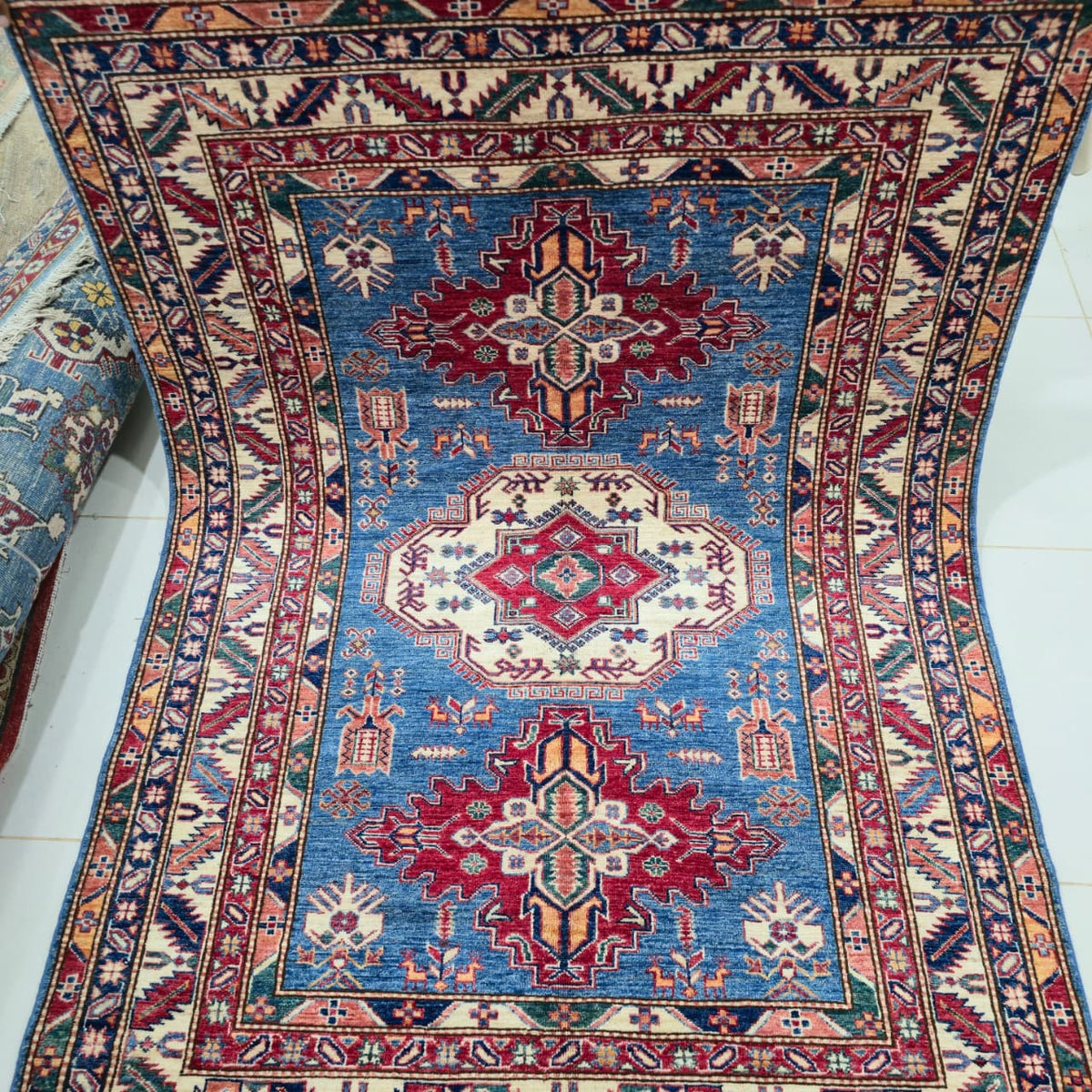 5x6.5 Blue Super Kazak Geometric Area Rug | Handmade Wool & Cotton Rug