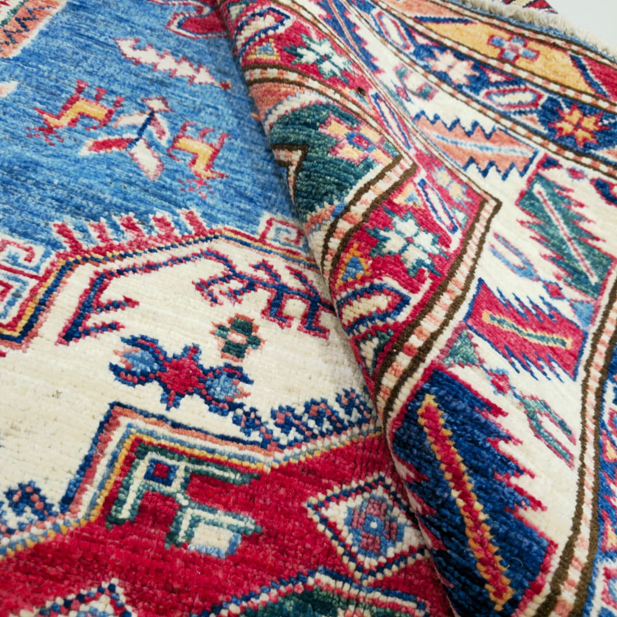 5x6.5 Blue Super Kazak Geometric Area Rug | Handmade Wool & Cotton Rug
