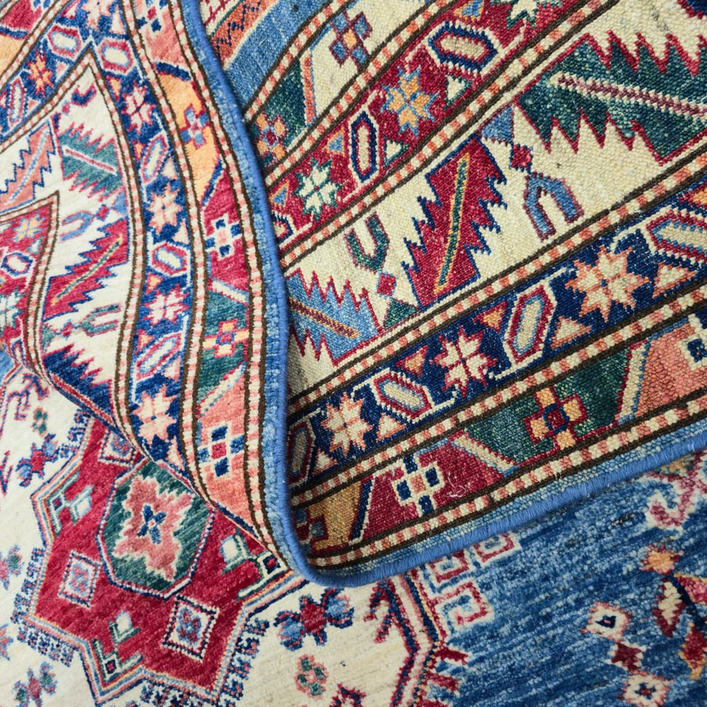 5x6.5 Blue Super Kazak Geometric Area Rug | Handmade Wool & Cotton Rug