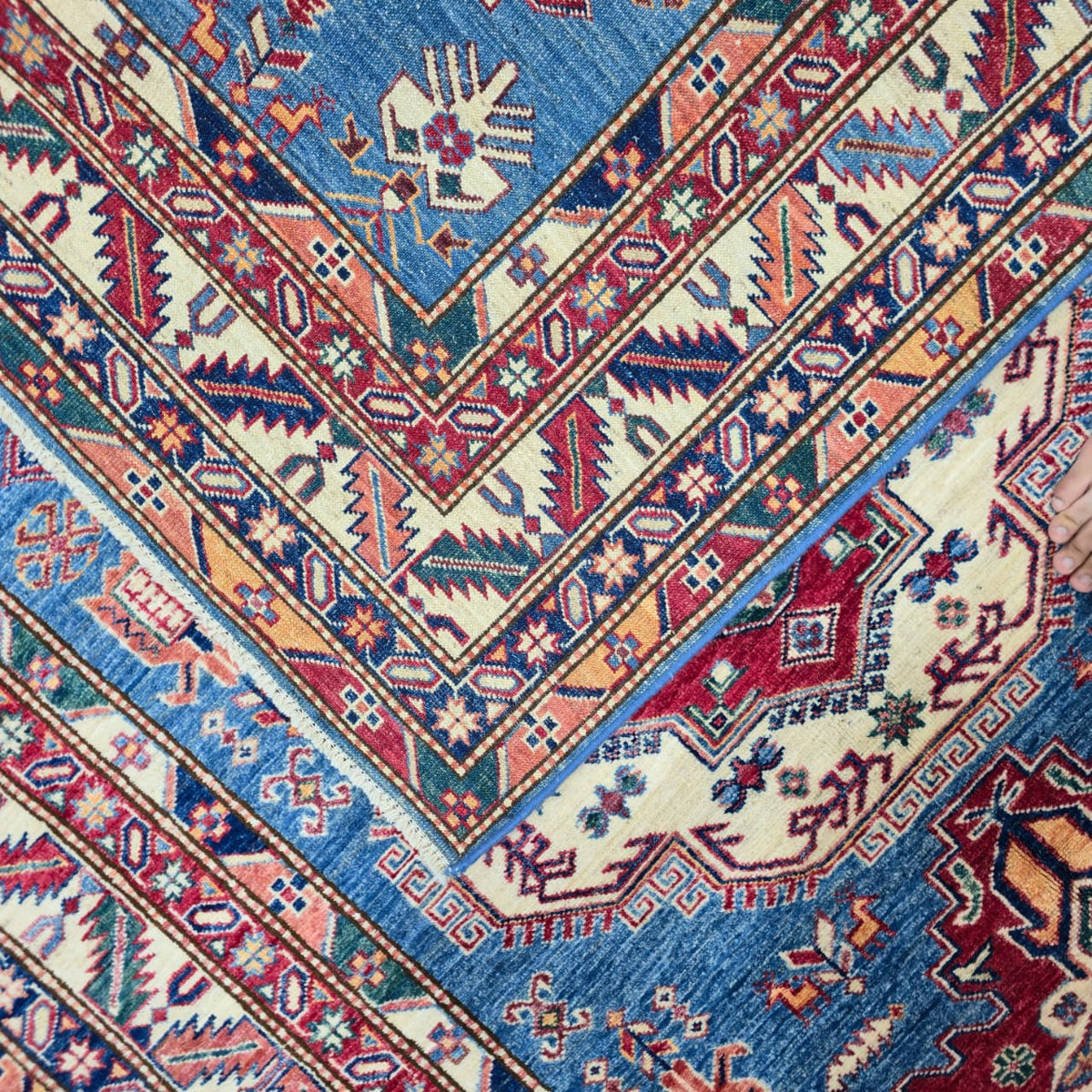 5x6.5 Blue Super Kazak Geometric Area Rug | Handmade Wool & Cotton Rug