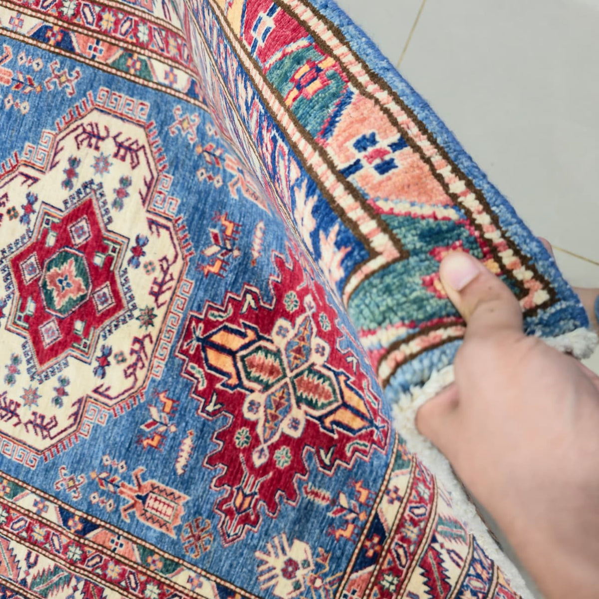 5x6.5 Blue Super Kazak Geometric Area Rug | Handmade Wool & Cotton Rug