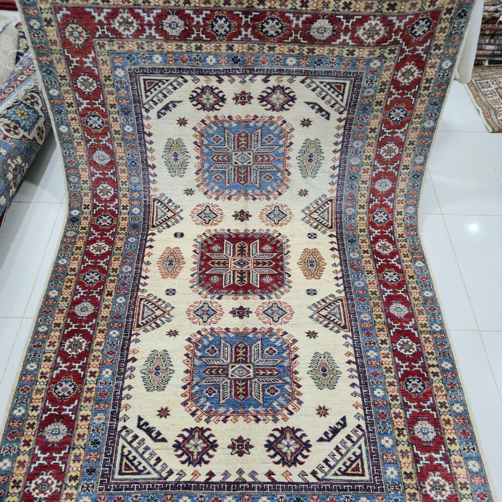 5.5x8 Beige Super Kazak Geometric Area Rug | Handmade Wool & Cotton Rug