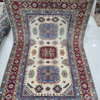 5.5x8 Beige Super Kazak Geometric Area Rug | Handmade Wool & Cotton Rug