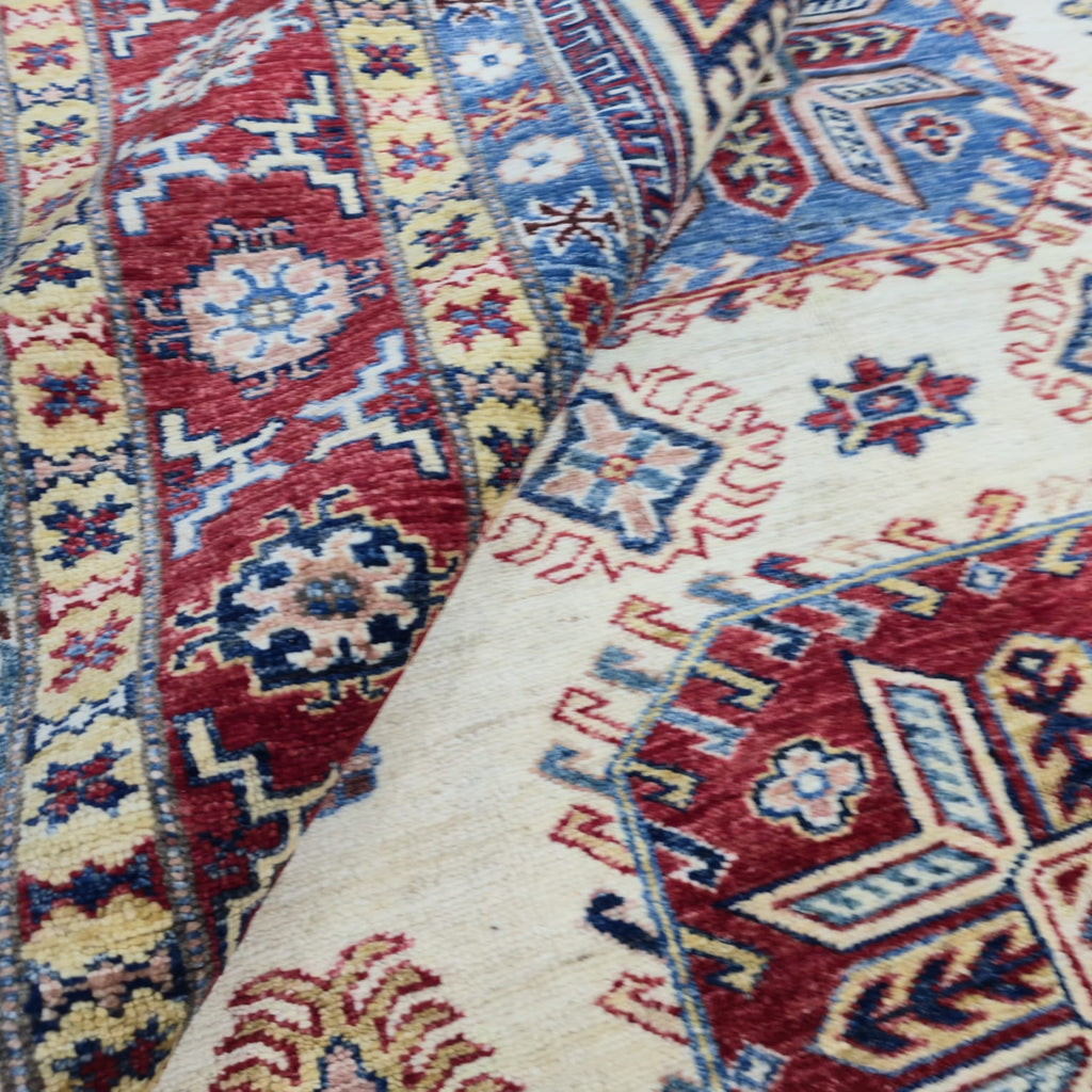 5.5x8 Beige Super Kazak Geometric Area Rug | Handmade Wool & Cotton Rug