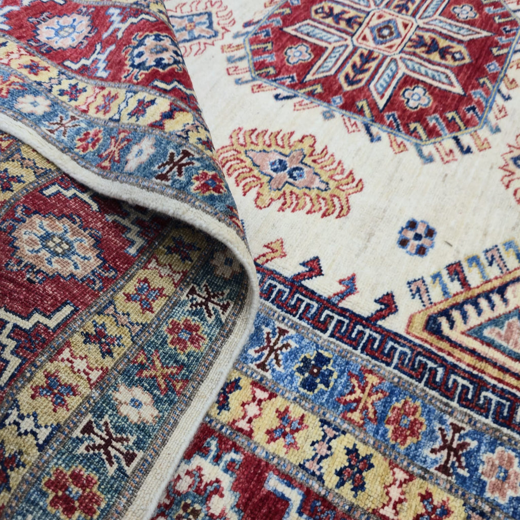 5.5x8 Beige Super Kazak Geometric Area Rug | Handmade Wool & Cotton Rug