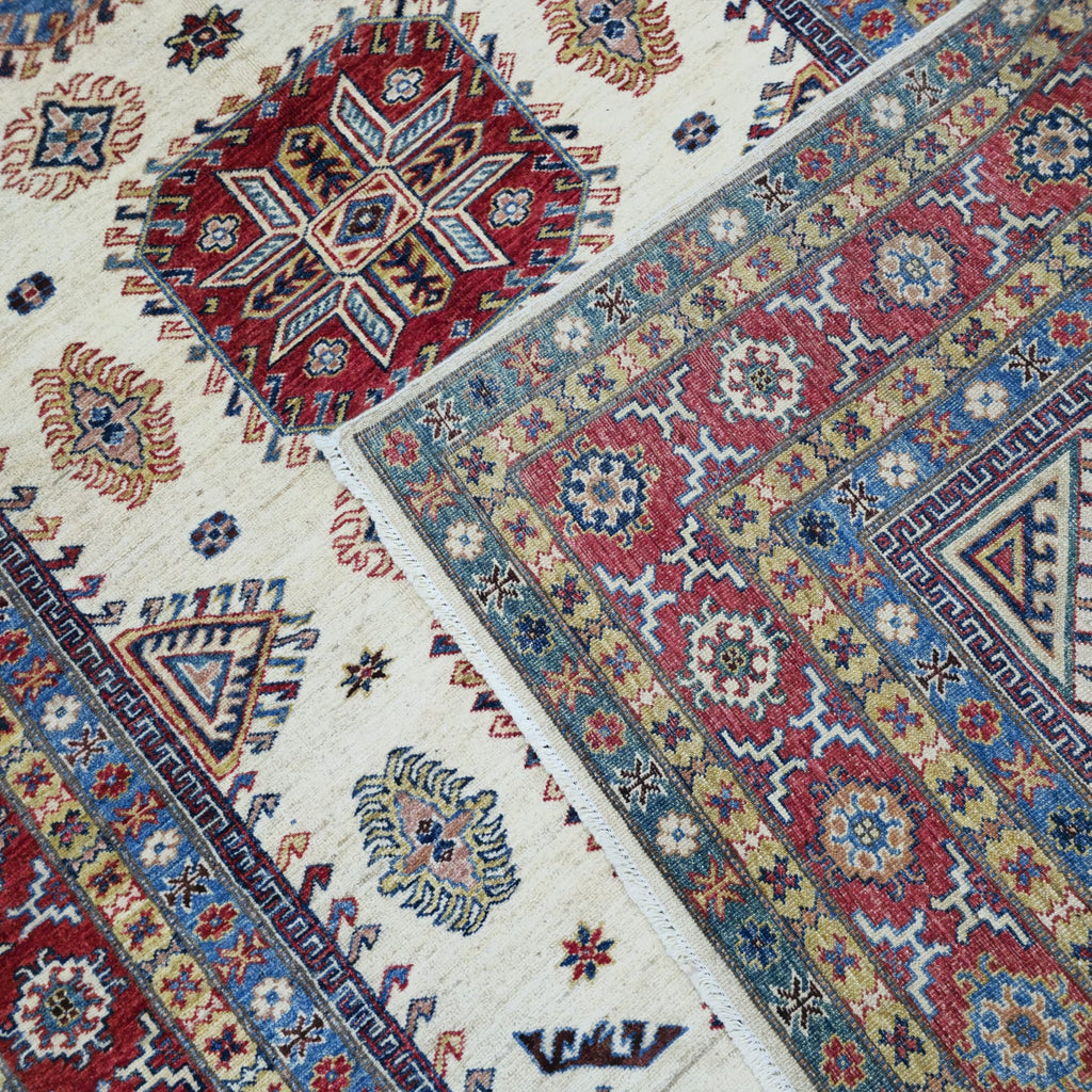 5.5x8 Beige Super Kazak Geometric Area Rug | Handmade Wool & Cotton Rug