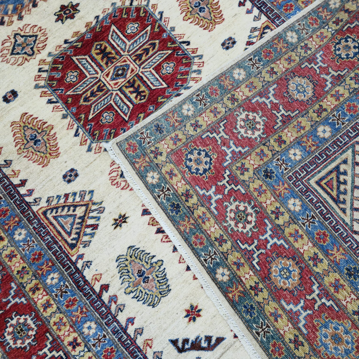 5.5x8 Beige Super Kazak Geometric Area Rug | Handmade Wool & Cotton Rug