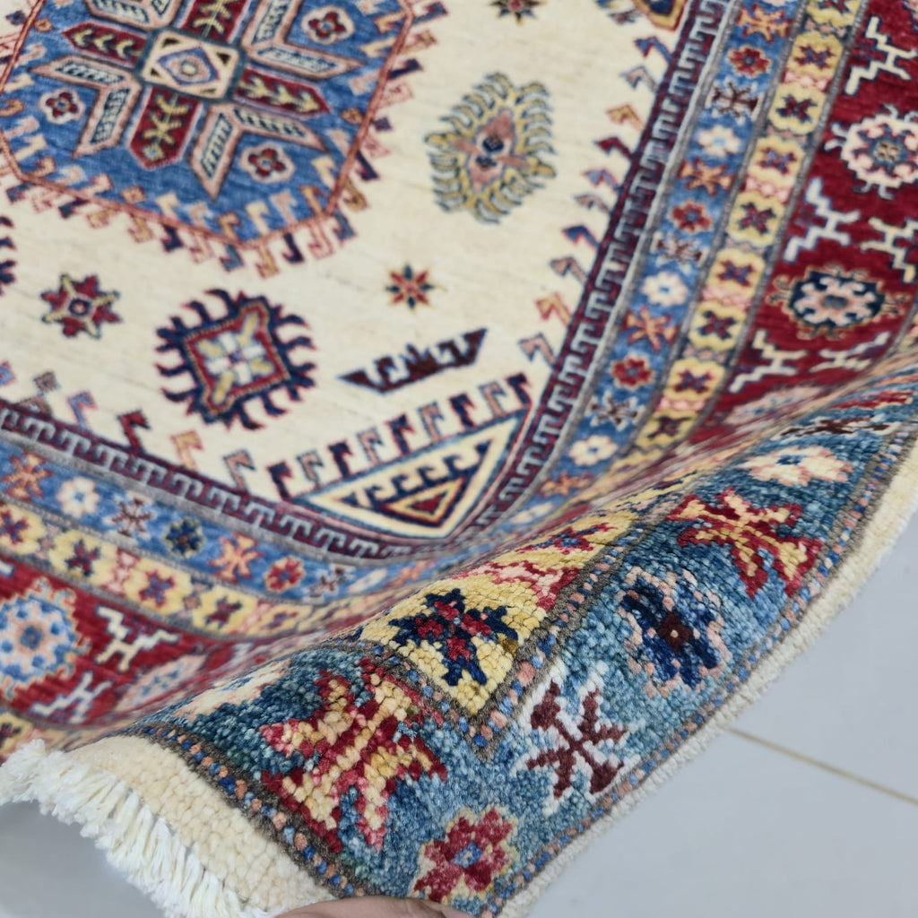 5.5x8 Beige Super Kazak Geometric Area Rug | Handmade Wool & Cotton Rug