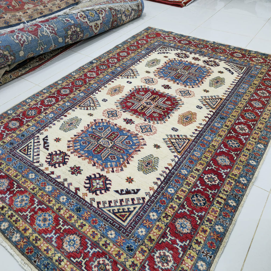5.5x8 Beige Super Kazak Geometric Area Rug | Handmade Wool & Cotton Rug
