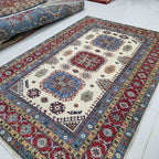 5.5x8 Beige Super Kazak Geometric Area Rug | Handmade Wool & Cotton Rug