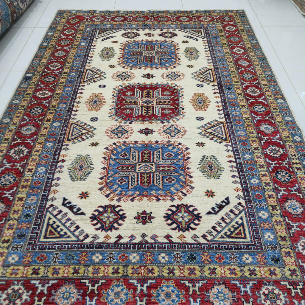 5.5x8 Beige Super Kazak Geometric Area Rug | Handmade Wool & Cotton Rug