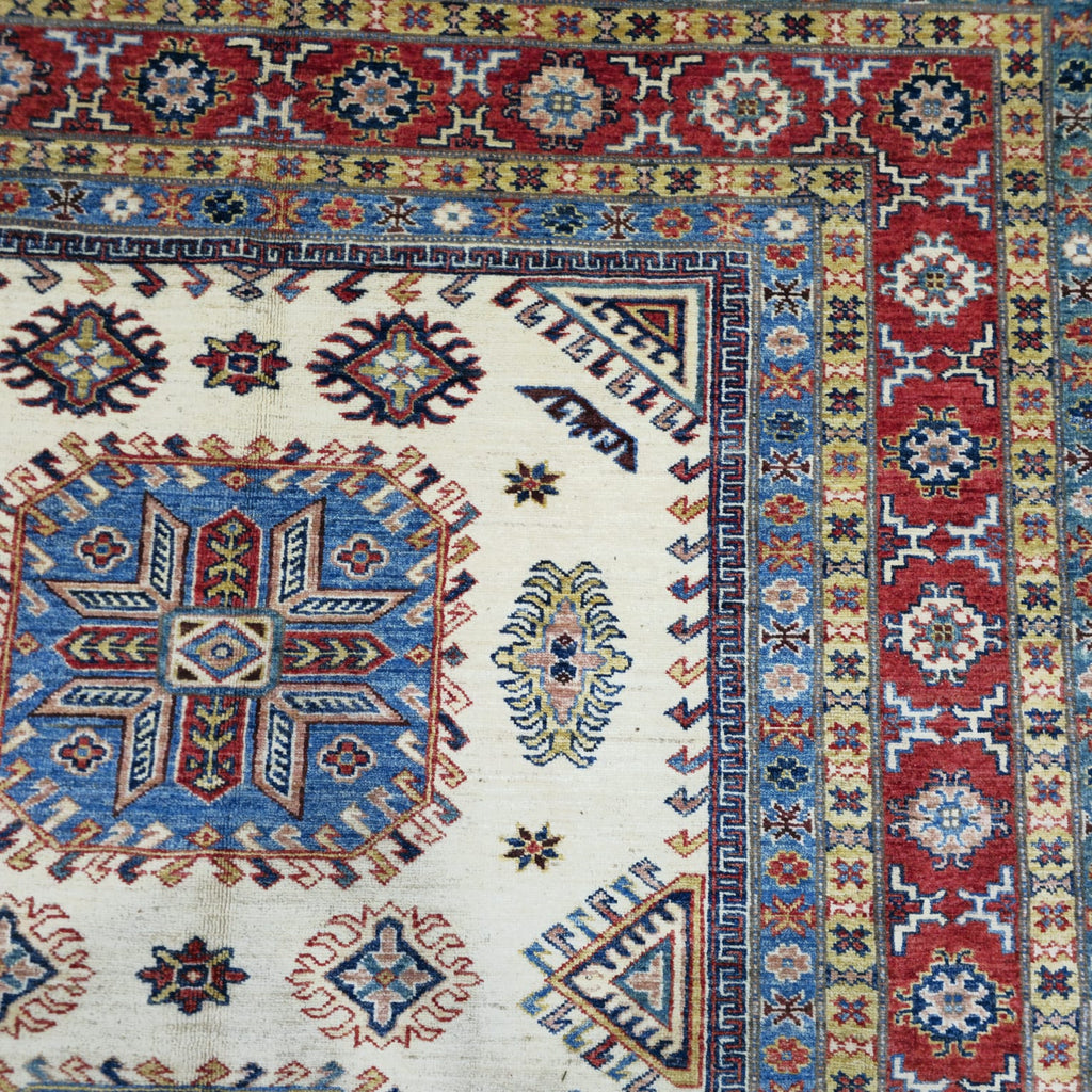 5.5x8 Beige Super Kazak Geometric Area Rug | Handmade Wool & Cotton Rug