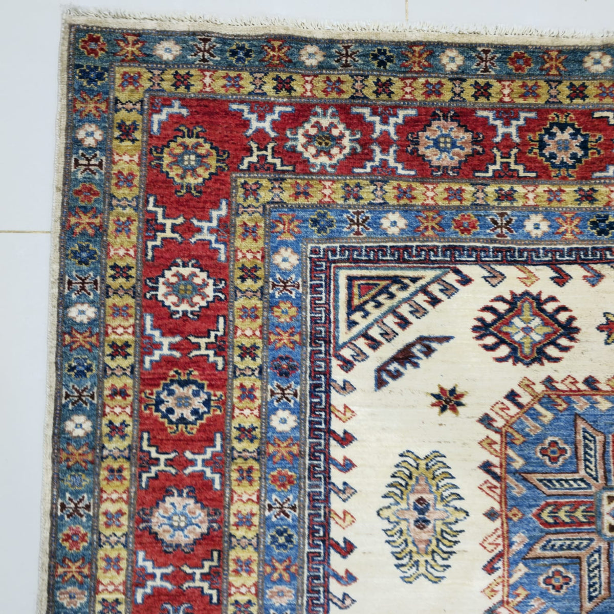 5.5x8 Beige Super Kazak Geometric Area Rug | Handmade Wool & Cotton Rug